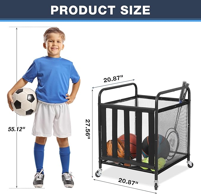 STO STO Rolling Sports Ball Storage Cart, Lockable Basketball Cage with Elastic Straps, Sport Equipment Holder Organizer for Indoor Outdoor, Steel Storage Rack for Playgroup and Gym