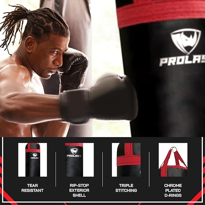PROLAST Heavy Punching Kicking Bag for Adults, Boxing, MMA, Martial Arts, Muay Thai, Strength Training Equipment, Filled, 6ft, 150 lbs, Colored Trim Strap, Rhino Logo