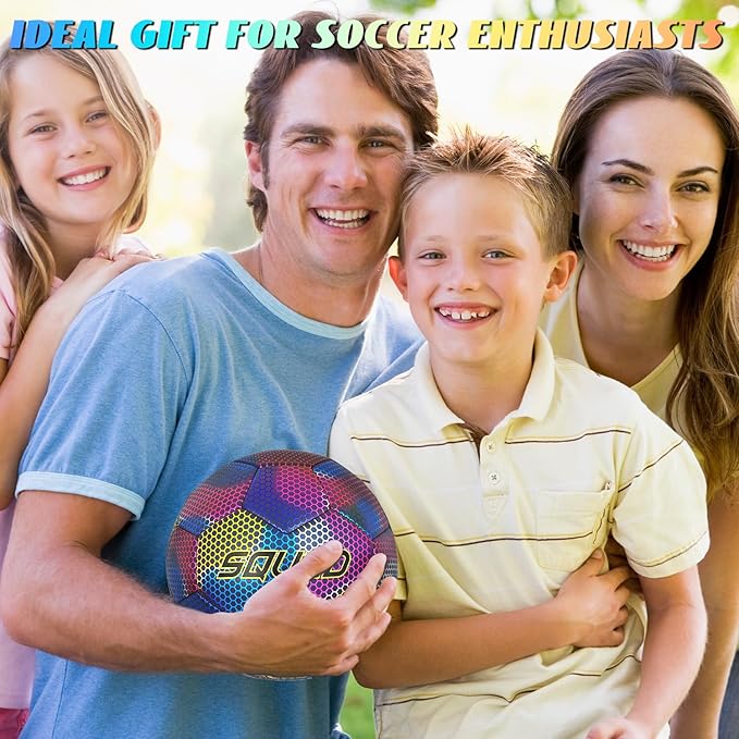 SQUAD Holographic Reflective Soccer Ball Size 5 - Reflective Glowing Ball for Night Games & Training - Durable PU Leather and Rubber Airbags - Cool & Unique Gift for Soccer Fans