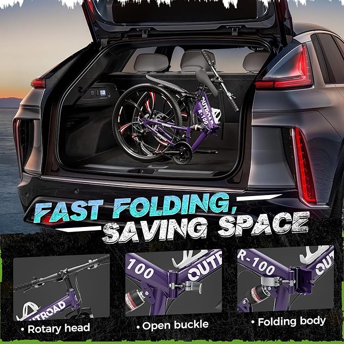 Outroad 26 Inch Folding Mountain Bike, 21 Speed Full Suspension High-Carbon Steel MTB Foldable Bicycle, Dual Disc Brake Non-Slip Folding Bikes for Adults/Men/Women, Black, Orange and Green