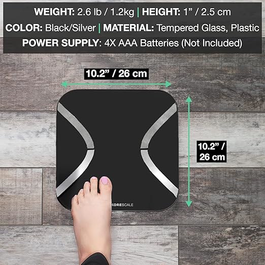Korescale Gen2 Digital Smart Scale with BMI, Body Fat, Muscle Mass, Weight | Highly Accurate Bathroom Scales, Bluetooth Composition Analyzer | Compatible with KoreHealth, Apple Health App (Black)