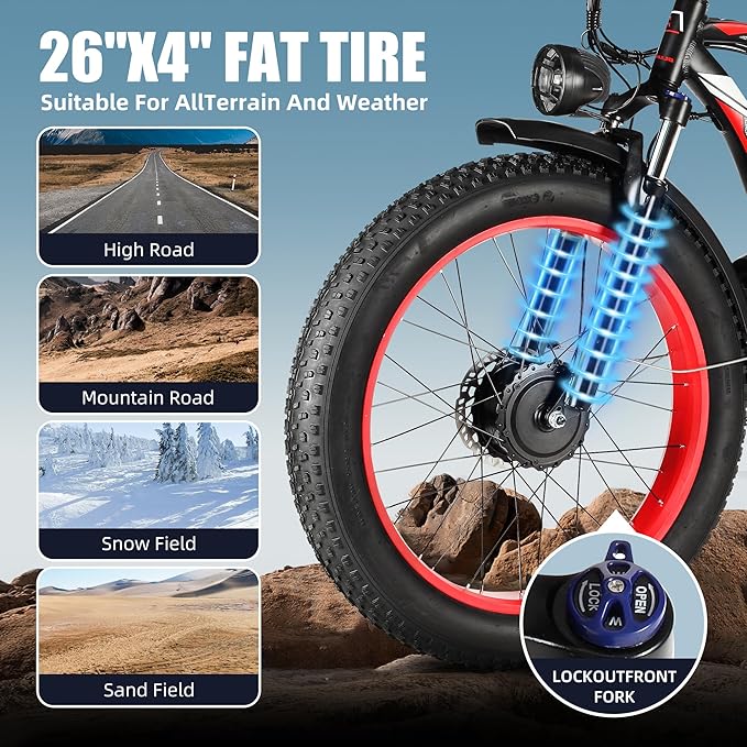 EV800R Electric Bike for Adults,Dual Motor Electric Bike,3000W Peak,26" Fattire,48V 22AH Removable Battery,Dual Hydraulic Brakes,Long Range Dirtbike,Off-Road Mountain Bike,Snow ebike