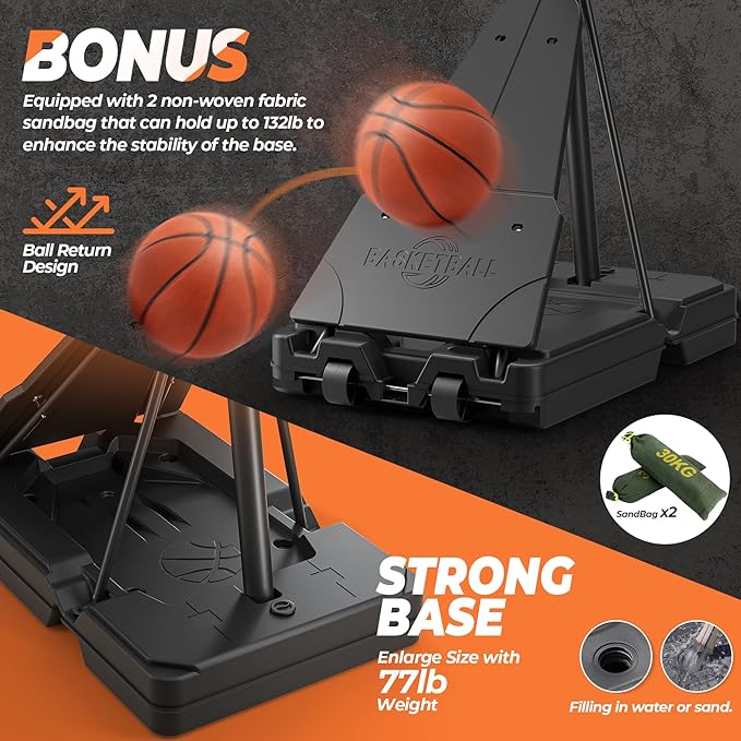 Basketball Hoop Outdoor Basketball Goal Portable Adjustable for Adults, Youth in Backyard, Driveway, Indoor, 44 Inch Pc Shatterproof Backboard, 2 Sand Bags and Portable Wheels
