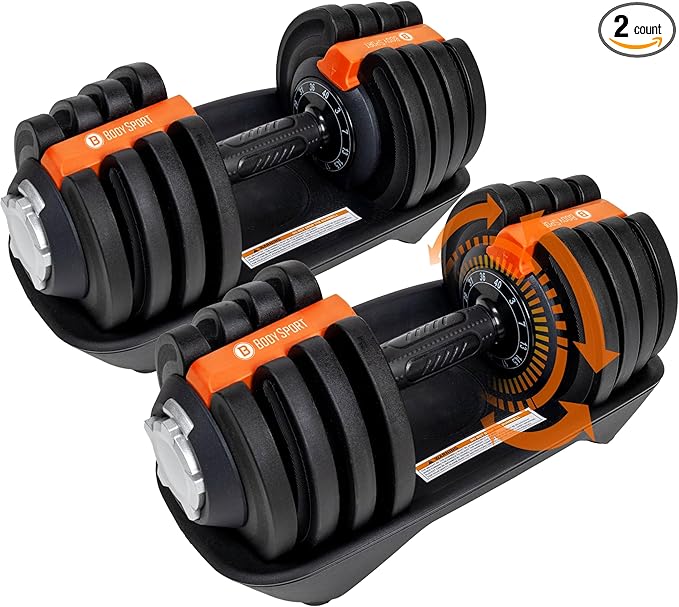 BodySport 40 Pound Adjustable Dumbbells – Includes 12 Free Weights, Ranging from 3 to 40 Pounds, Ideal for Home Gym Workouts and Weight Training