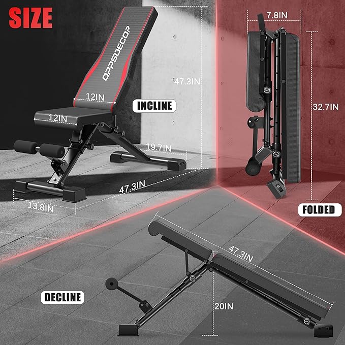 OPPSDECOR Fitness Weight Bench, 900LBS Adjustable Incline/Decline/Flat Bench with Quick Folding & Setup, Strength Training Bench Press Bench for Home Gym Full Body Workout