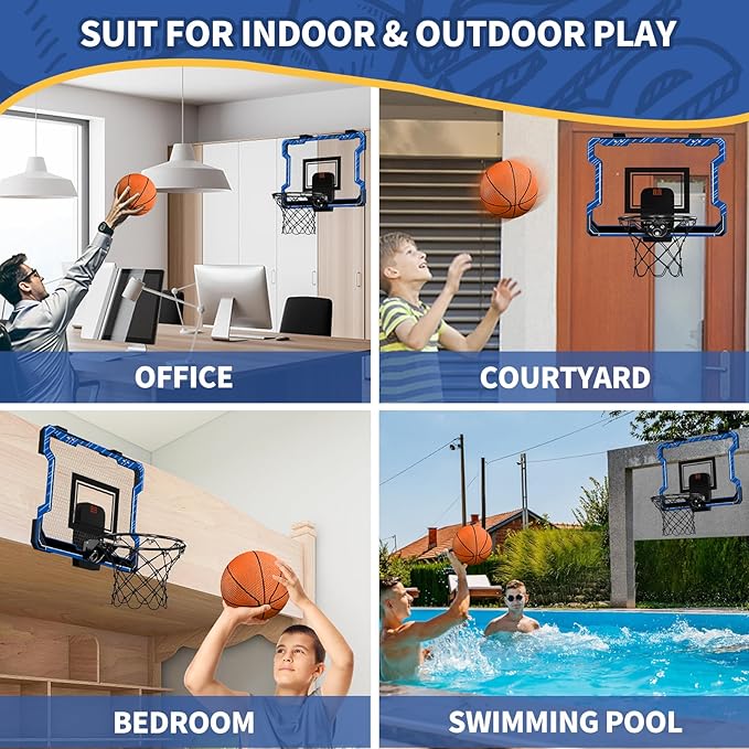 Mini Basketball Hoop Indoor with Scoreboard, Door Basketball Hoop with 3 Balls & Inflator, Basketball Toy Gifts for Kids Boys Girls Teens Adults, Suit for Bedroom/Office/Outdoor/Pool, Blue