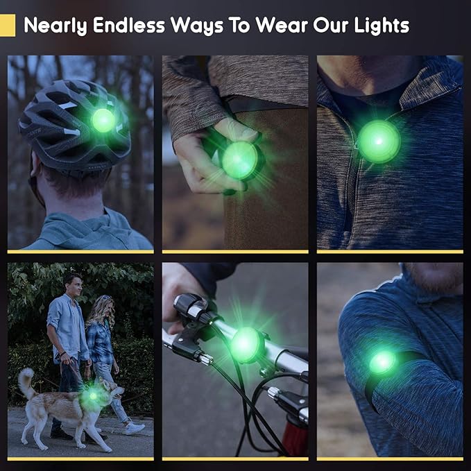 Everbeam E100 LED Safety Lights for Walking at Night - Waterproof Bike LED Light Excellent for Runners, Cycling, Dog Walking, Kayaking-Bright Clip On LED Light, Many Straps for Wearing - 2 Pack, Green