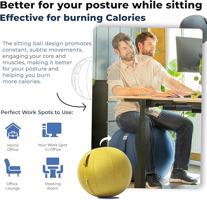 Balance Ball Chair for Office & Home - Ergonomic Exercise Ball for Posture & Back Pain Relief, Yoga Ball Chair - Sitting Ball with Washable Linen Cover