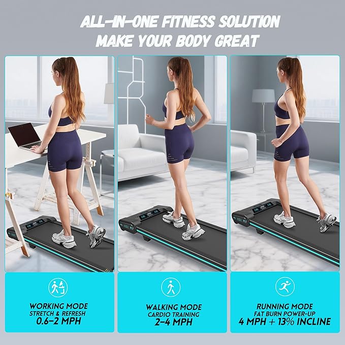 Treadmill with Auto Incline Walking Pad Underdesk for Home Office Potable Compact Running Machine Jogging Caminadora para Casa Up to 13% 6 Levels with Remote Control Indoor Fitness Black