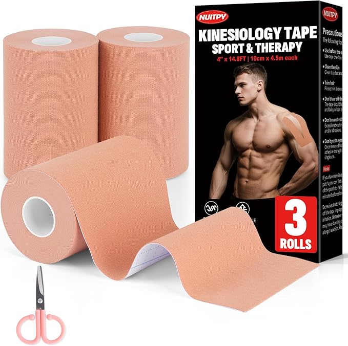 3 Rolls Kinesiology Tape, 4 inch x 14.8 Feet Waterproof Athletic Tape, Uncut Kinetic Tape, Elastic Muscle Tape, Sports Tape, Knee Tape for Exercise and Daily Use - Skin Color