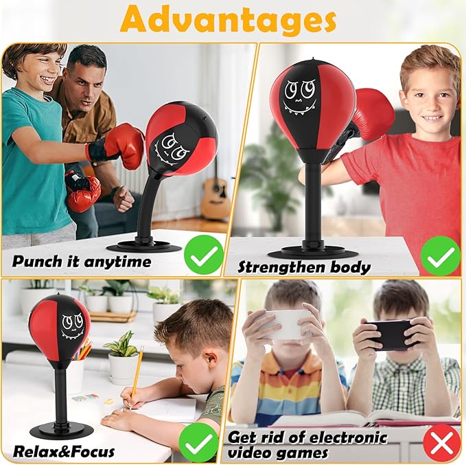Strong Suction Desktop Punching Bag - Stress Relief Boxing Ball with Upgraded Durable Spring, Secured Office Home Desk Toy Gift for Kids, Friends, and Coworkers