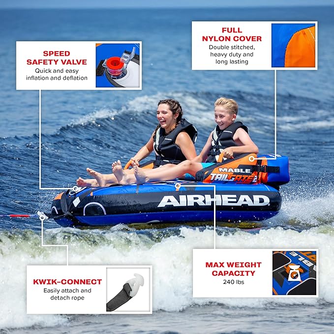 Airhead Mable Inflatable Towable Tube, 1-4 Rider Models, Dual Tow Points, Full Nylon Cover, EVA Foam Pads, Patented Speed Valve, Boat Tubes and Towables