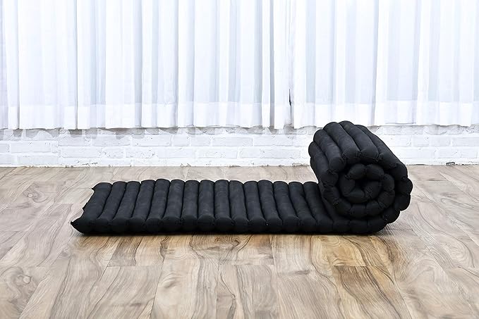 Leewadee - Foldable Floor Mattress - Japanese Roll Up Futon -Trifold Tatami Mat- Guest Floor Bed - Camping Mattress - Thai Massage Mat, Kapok Filled, 75 x 28 inches, Black