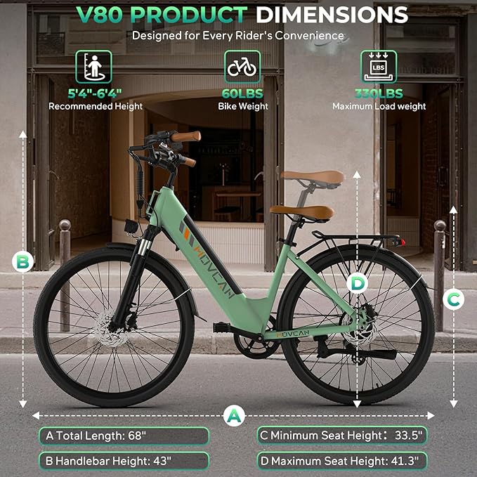V80 Electric Bike, 1000W Motor 28MPH Ebike, 48V 13Ah Removeable Battery, 26'' City Cruiser Adult Electric Bicycles up to 70 Miles