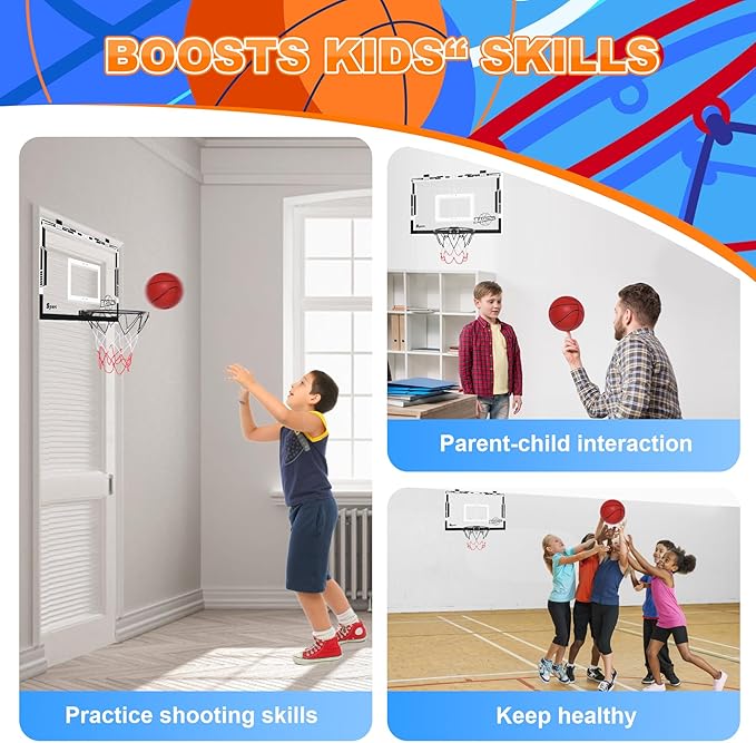 Large Indoor Mini Basketball Hoop Set for Kids and Adult 24 X 16 Inch Board Family Games for Home and Office Door & Wall with 3 Balls and Complete Accessories, Basketball Toy Gift for Boys Girls Teens