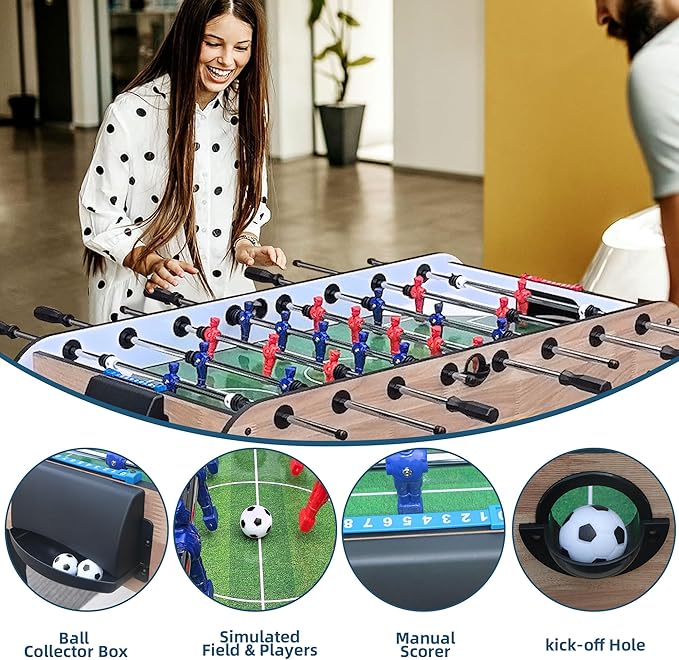 Foosball Table, 52.75'' Home Arcade Table Soccer with 4 Balls and Manual Scorer, Competition Foosball Table Set for Family Game Room, Adult Rrec Room, Basements or Bar
