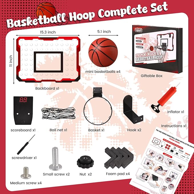 LovesTown Indoor Mini Basketball Hoop for Kids, Basketball Hoops Over The Door with LED Lighting, Mini Hoop with 4 Balls Electronic Scoreboard Toys, Sports Toys Gifts for Boys Girls