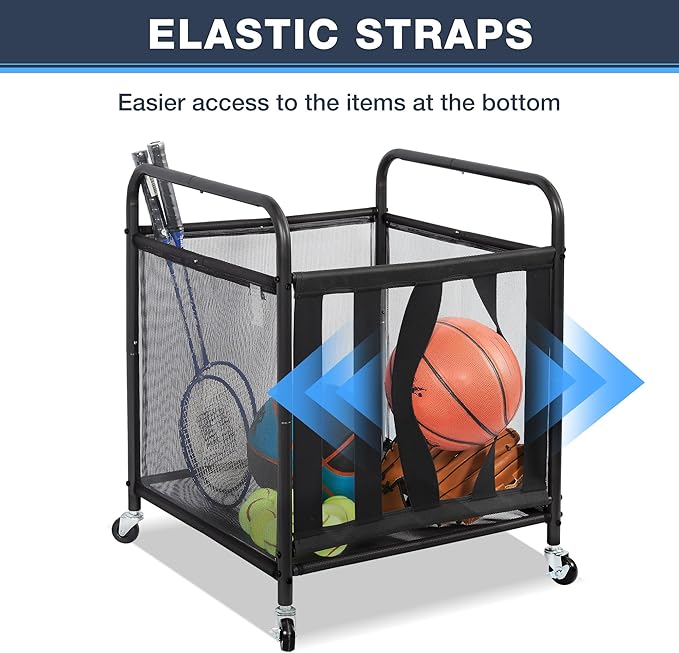 STO STO Rolling Sports Ball Storage Cart, Lockable Basketball Cage with Elastic Straps, Sport Equipment Holder Organizer for Indoor Outdoor, Steel Storage Rack for Playgroup and Gym