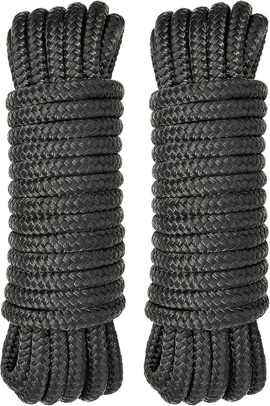 Boat Dock Lines 2 Pack 3/8" x 25' Double Braided Nylon Boat Ropes for Docking with 12" Loop, Marine Grade High Strength Boat Lines, Premium Marine Rope Mooring Lines, Easy Handling, Black