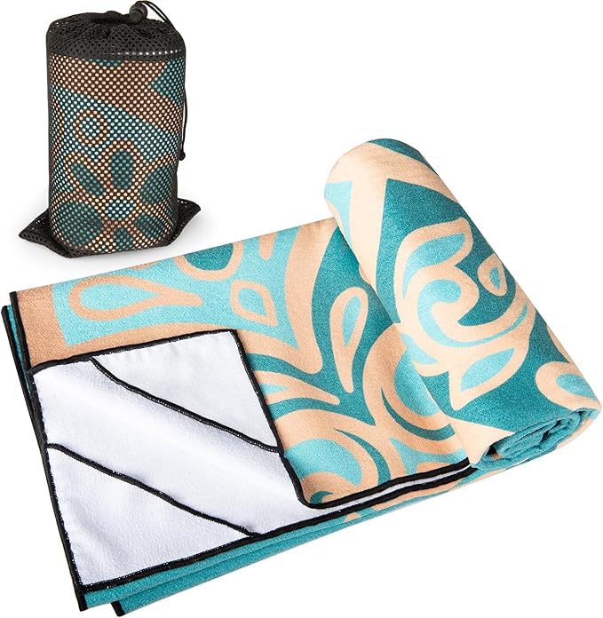 Colorful Star Yoga Towel with Corner Pockets, Non Slip Grip Dots Absorbent Hot Yoga Mat Towels, Yoga Blankets with Travel Bag, Mat Cover for Workout, Gym, Fitness - 74"x26", Turquoise Gold Mandala
