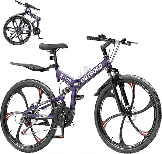 Outroad 26 Inch Folding Mountain Bike, 21 Speed Full Suspension High-Carbon Steel MTB Foldable Bicycle, Dual Disc Brake Non-Slip Folding Bikes for Adults/Men/Women, Black, Orange and Green