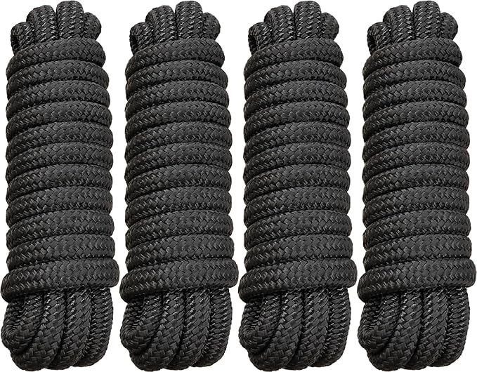 4 Pack 5/8" x 20' Dock Lines - Marine Grade Nylon Boat Rope with 15" Loop for Docking and Mooring - Double Braided Boat Lines, High Strength, Easy Handling, Fray Resistant - Black