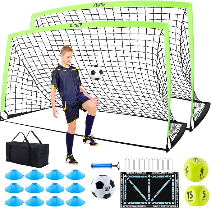 2 Pack Kids Soccer Goal for Backyard Set 9x5FT Portable Pop Up Soccer Net Training Equipment with Soccer Ball, Training Dice Mat, Cones and Carry Bag for Youth Toddler Teams Indoor Outdoor Sport Game