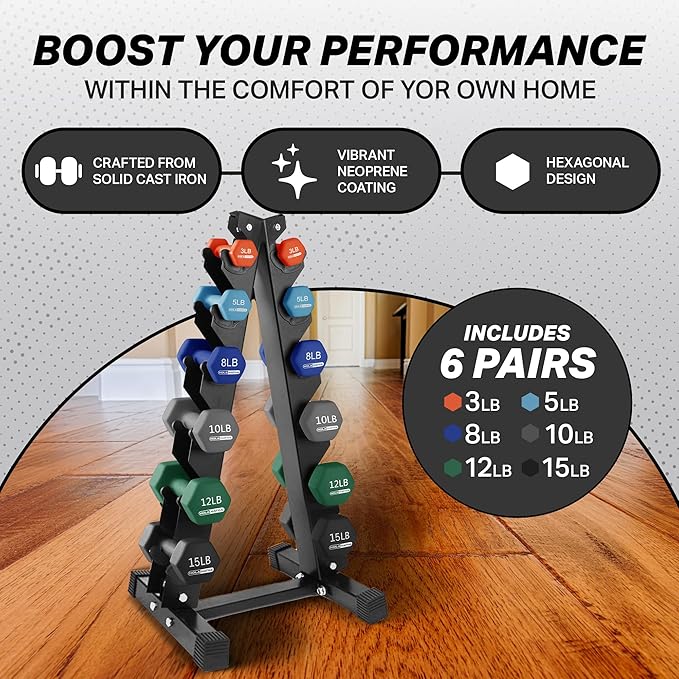 HolaHatha 2, 3, 5, 8, and 10 Pound Neoprene Dumbbell Free Hand Weight Set with Rack, Ideal for Home Exercises to Gain Tone and Definition, Pastel