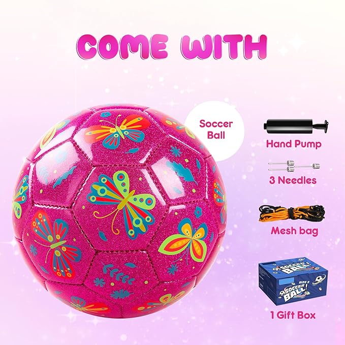 Kids Soccer Ball Size 2 Size 3 Size 4 Glitter Unicorn Dinosaur- For Toddlers Kids Age 1-3 3-8 8-12 - Sports & Outdoors Ball Inflatable with Pump - Gift for Girls Boys Children Youth School Birthday