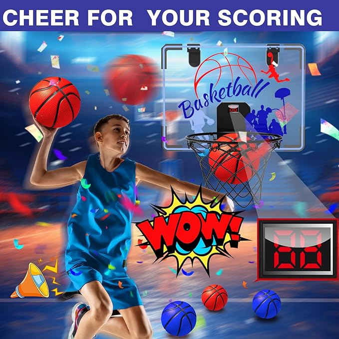 Basketball Hoop Indoor for Kids 4-12 Years Old, Over The Door Mini Hoops with 4 Balls, Scoreboard & Music Accompaniment, Cheering Sounds, Indoor Basketball Hoop Sports Toy Gift for Boys Girls