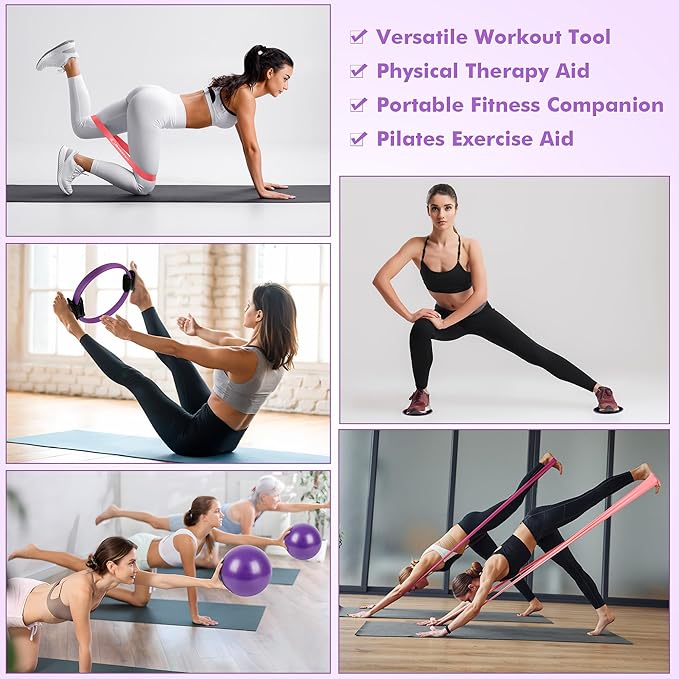 Pilates Ring Set Exercise Equipment with Exercise Bands Resistance Bands Set, Pilates Ball, Sliding Disks ā Workout Equipment Home Gym Includes Complete Fitness Poster