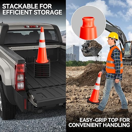 28 Inch Traffic Cones with Heavy Weighted Base (8 Pack) - Orange Safety Cones with Reflective Collars for Parking Lots, Road Construction, and Event Control