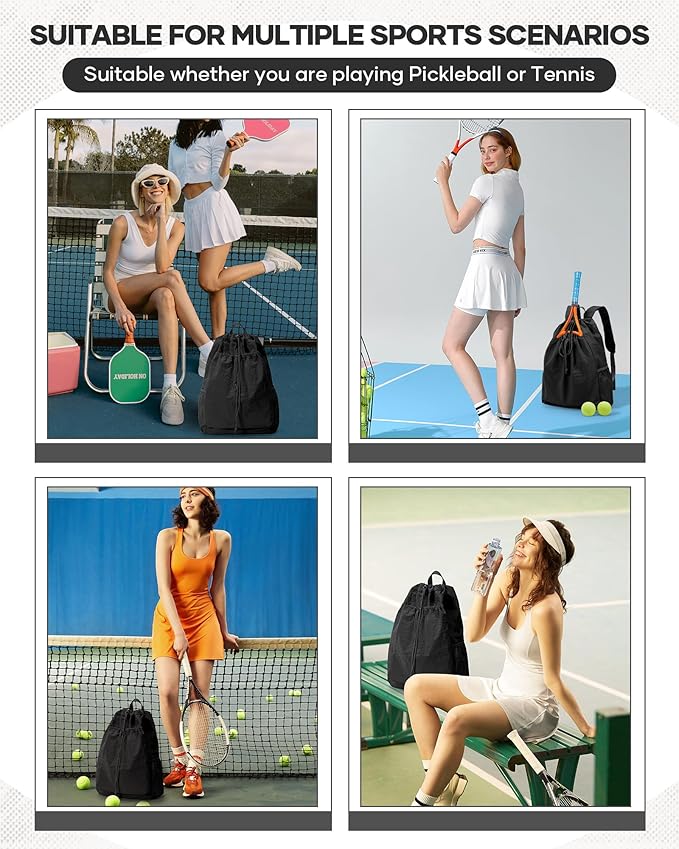 Tennis Racket Bag for Women, Waterproof Tennis Badminton Backpack 2 Racquets, Drawstring Racket Case for Ball Paddles