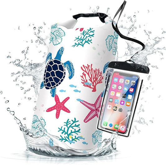 Waterproof Dry Bag,Roll Top Sea Turtle Coral Starfish Small Waterproof Backpack 5L/10L/20L Floating Lightweight Bags for Kayaking, Boating, Fishing, Swimming Camping with Waterproof Phone Case