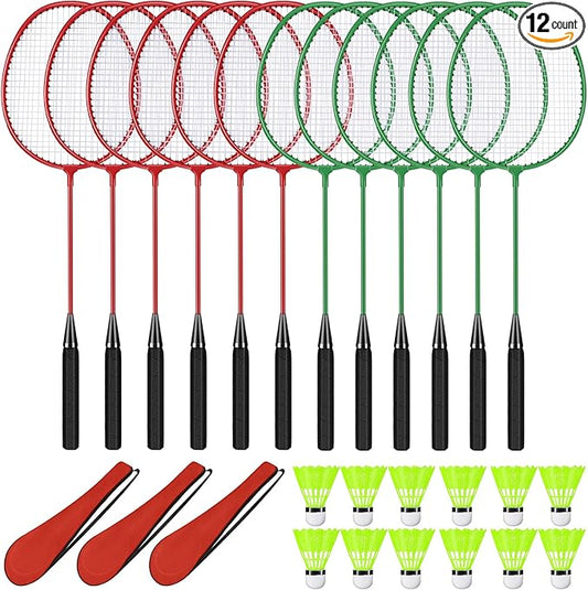 12 Pack Badminton Rackets Set Including Rackets, Nylon Shuttlecocks and Carry Bag for Outdoor Backyard Games Beginners