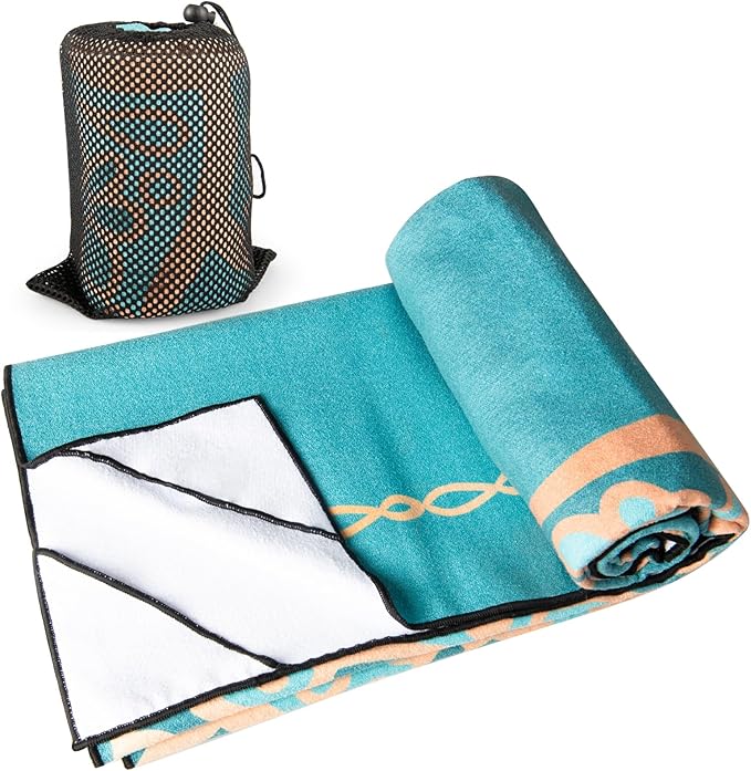 Colorful Star Large Yoga Mat Towel with Corner Pockets, Non Slip Grip Dots Absorbent Hot Yoga Towels, Yoga Blankets with Travel Bag, Mat Cover for Workout, Gym, Fitness - 74"x26", Turquoise Mandala