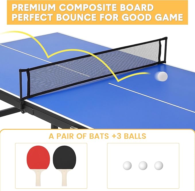 Table Tennis Game Set, Portable Table Tennis Game with Demountable Nylon Net, 2 Paddles and 3 Balls, Ping Pong Table for Indoor Outdoor, Waterproof Tabletop, Blue, 60 x 26 x 27.5inch
