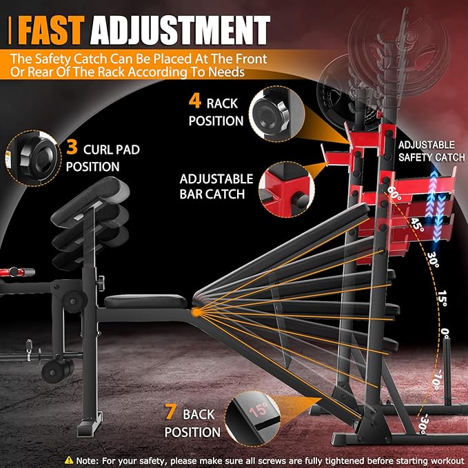 OPPSDECOR Professional Weight Bench Set with Barbell/Squat Rack, 900LBS Heavy Duty Bench Press Set with Leg Curl/Extension and Preacher Curl, Adjustable Full-Body Workout Bench for Home Gym Fitness