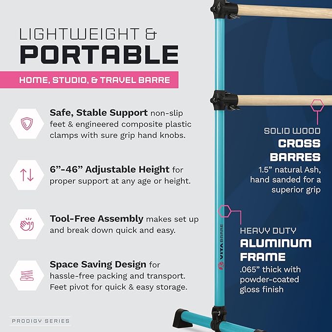 VITA Barre Portable Freestanding Double Ballet Barre, Prodigy, with Carry Bag | Adjustable Height, USA Made, Home or Gym Exercise Equipment for Kids & Adults | Dance, Fitness, Pilates