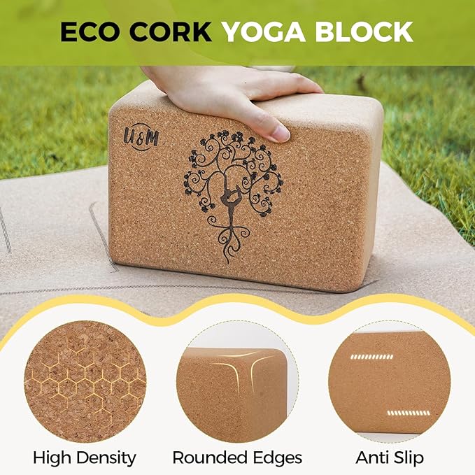 U&M Cork Yoga Blocks 2 Pack Set,Natural Cork High Density 9"x6"x4" Yoga Blocks Odor-Resistant Non-Slip for Yoga, General Fitness, Pilates, Stretching and Toning