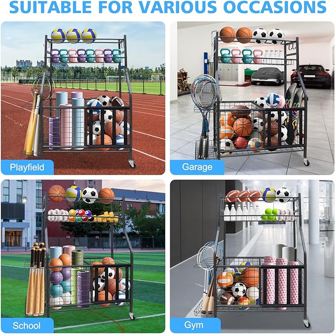 Garage Sports Equipment Organizer, Large Capacity Garage Organizer System with Wheels, with Hooks and Baskets, for Ball Storage,Football,Soccer Ball,Bat, Toys