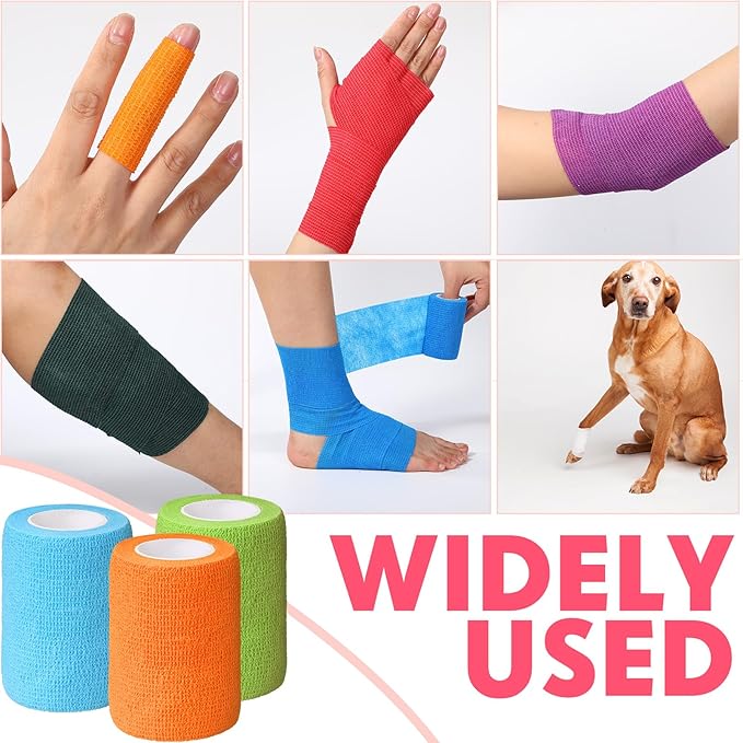 Treela 64 Pack 3" x 5 Yards Self Adhesive Cohesive Bandage Wraps, Elastic Breathable Athletic Tape, Flexible Self Adherent Bandage Rolls for Wrist, Ankle, Fingers, Sports & Pets (Multicolor)