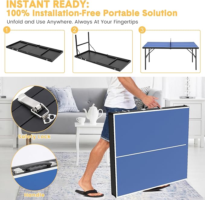 Table Tennis Game Set, Portable Table Tennis Game with Demountable Nylon Net, 2 Paddles and 3 Balls, Ping Pong Table for Indoor Outdoor, Waterproof Tabletop, Blue, 60 x 26 x 27.5inch