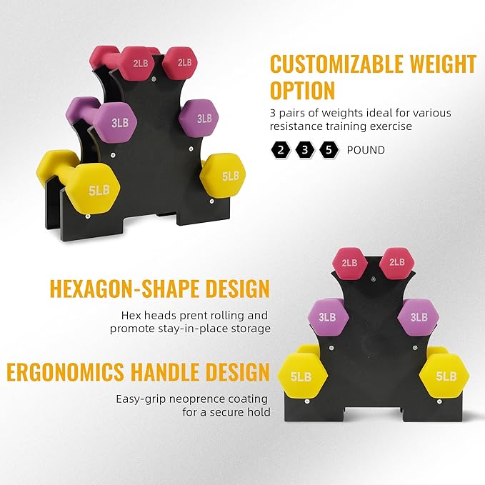 Neoprene Coated Dumbbell Set with Rack, Free Hand Weight Set For Home Gym Workout, Anti-Slip, Anti-roll, 20LBS, 32LBS, 50LBS and 56LBS Sets, Multiple Weight Options
