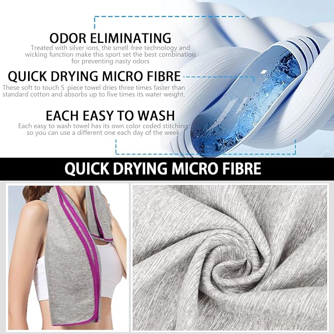 5 Pack Microfiber Gym Towels for Working Out, 16" X 26.8", Silver ION Odor-Free Absorbent Fiber, Fast Drying and Quick Dry Towels for Body Sweat, Working Out