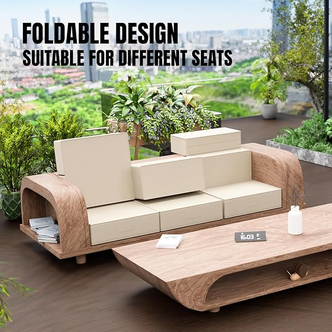 6 Inch Thick Foldable Deep Seat Cushion, 2 PCS 24 x 24 Inch Outdoor Water&Fade Resistant Olefin Patio Furniture Replacement Chair Cushion, with Removable Cover, Handle and Straps, Gray Apricot