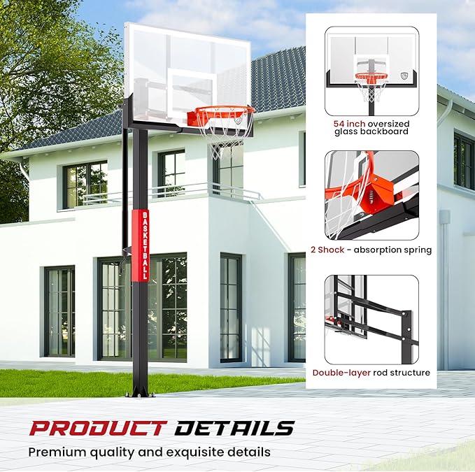 IGL In-Ground Basketball Hoops with 54-60 Inch Tempered Glass Backboard,7.5-10ft Height Adjustable Basketball Goal System, Reinforced and Thickened Square Tube Iron Steel