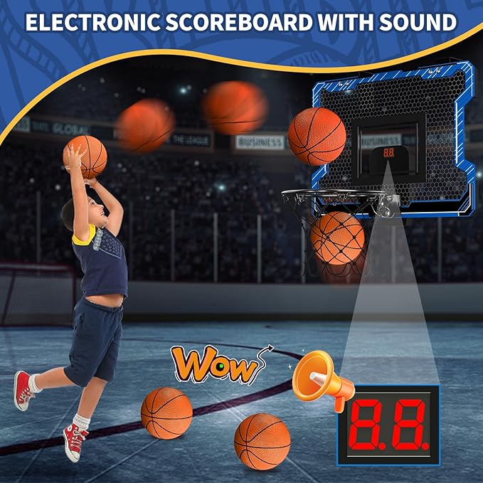 Mini Basketball Hoop Indoor with Scoreboard, Door Basketball Hoop with 3 Balls & Inflator, Basketball Toy Gifts for Kids Boys Girls Teens Adults, Suit for Bedroom/Office/Outdoor/Pool, Blue