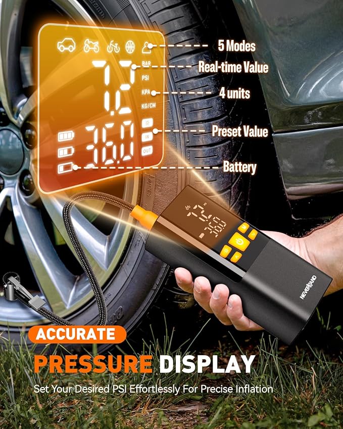 NEVERLAND Tire Inflator Portable Air Compressor - 4X Faster 150 PSI Air Pump for Car Tires, Electric Bike Pump with Pressure Gauge, Auto-Shutoff Cordless Tires Pump for Car Bicycle Motorcycle Ball