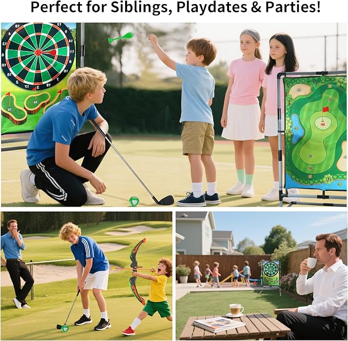 Golf Chipping Game with Stand, Multi-Sport Golf Practice Set with Archery, Darts,Double-Sided Hitting Mat for Backyard Fun, Indoor/Outdoor Sports Toy for Kids & Adults